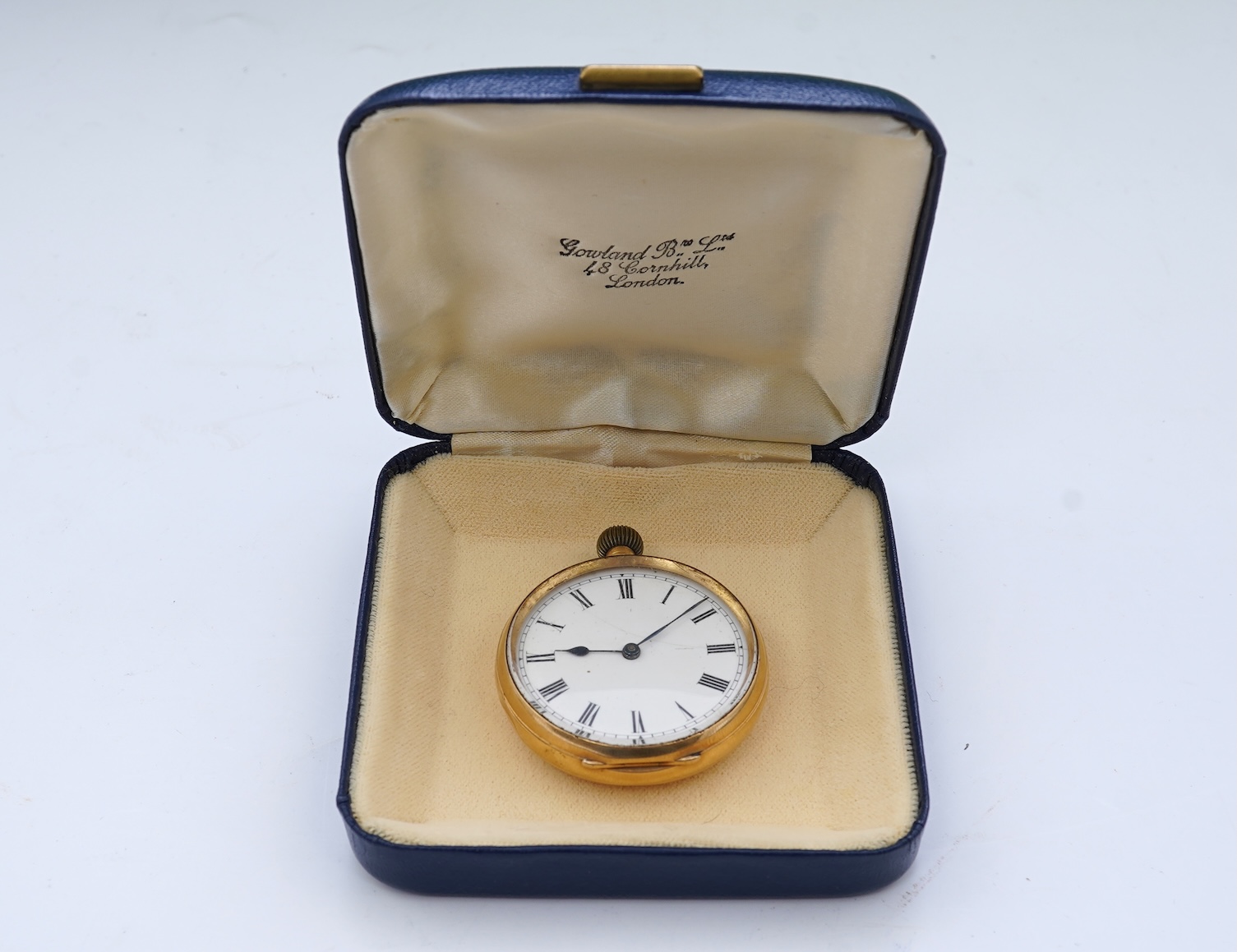 A late Victorian 18ct gold open faced keyless fob watch, by Kemp Brothers